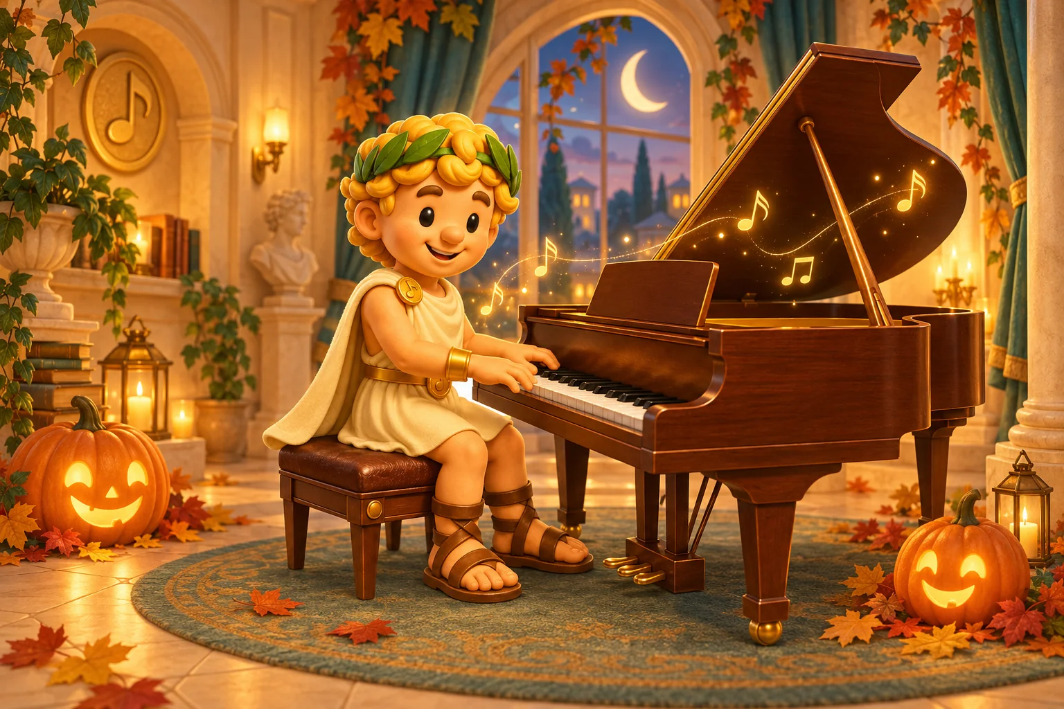 Apollo plays piano beside smiling pumpkins in his golden music academy.